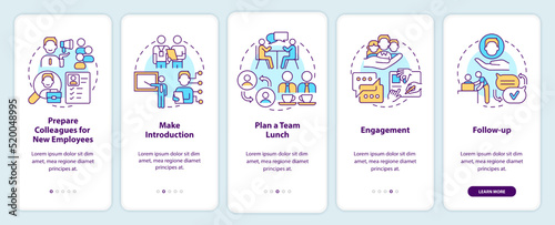 Developing adaptation process onboarding mobile app screen. Hiring walkthrough 5 steps editable graphic instructions with linear concepts. UI, UX, GUI template. Myriad Pro-Bold, Regular fonts used