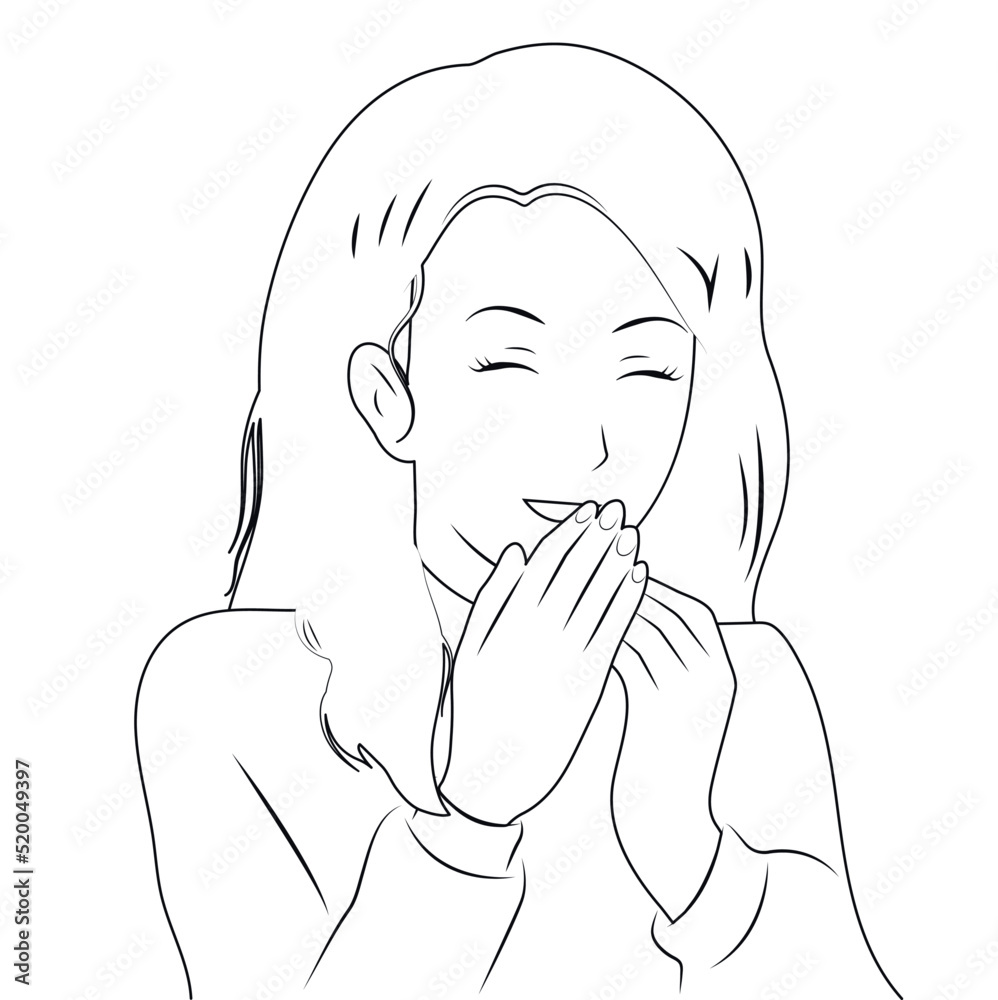 The young girl laughs, covering her mouth with her hands. Black and white lines. The young girl laughs, covering her mouth with her hands. Black and white lines.
