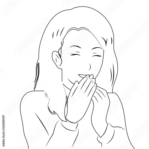 The young girl laughs, covering her mouth with her hands. Black and white lines.