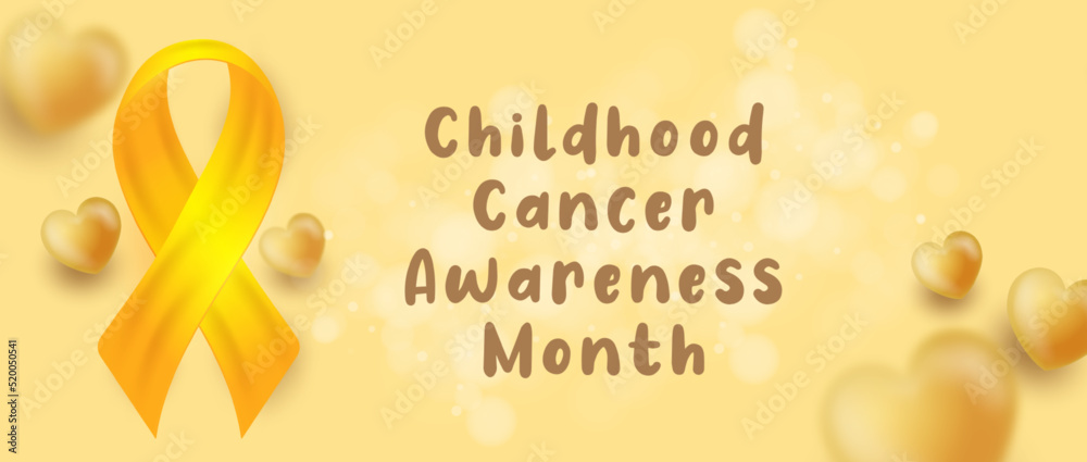 Realistic banner International childhood cancer awareness month text with ribbon on yellow background