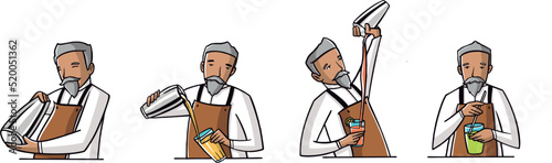DRAWING OF BARMAN PREPARING DRINK IN VARIOUS POSITIONS