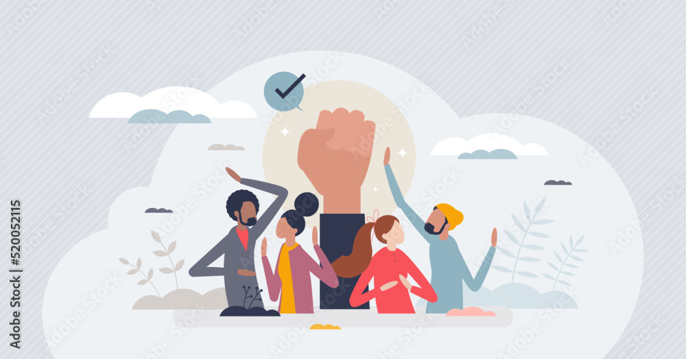Youth empowerment and activism movement encouragement tiny person concept. Democracy opportunity to improve social process and go to protests vector illustration. Leadership skills awareness campaign.