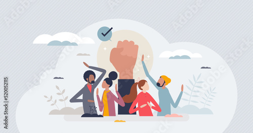 Youth empowerment and activism movement encouragement tiny person concept. Democracy opportunity to improve social process and go to protests vector illustration. Leadership skills awareness campaign.