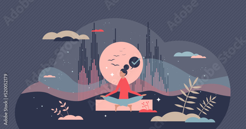 Guided imagery as dream, thoughts and mind control tiny person concept. Calm relaxation method with psychological self therapy vector illustration. Emotional recreation and depression stress reduction