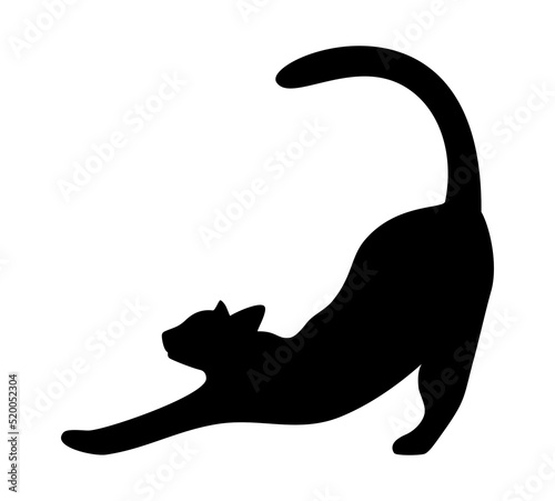 Black silhouette of a stretching cat isolated on a white background