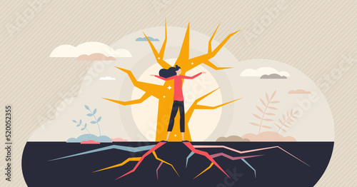 Resilience power with fundamental roots personality tiny person concept. Strong and independent female with motivation, determination and stability skill vector illustration. Stability and confidence.