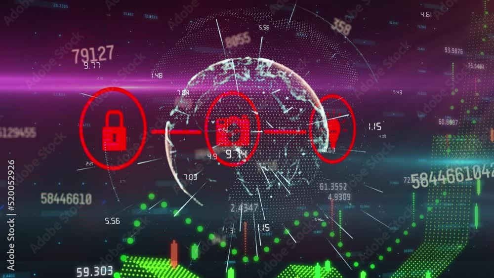 Animation of media icons with globe and data processing over black background Animation of media icons with globe and data processing over black background
