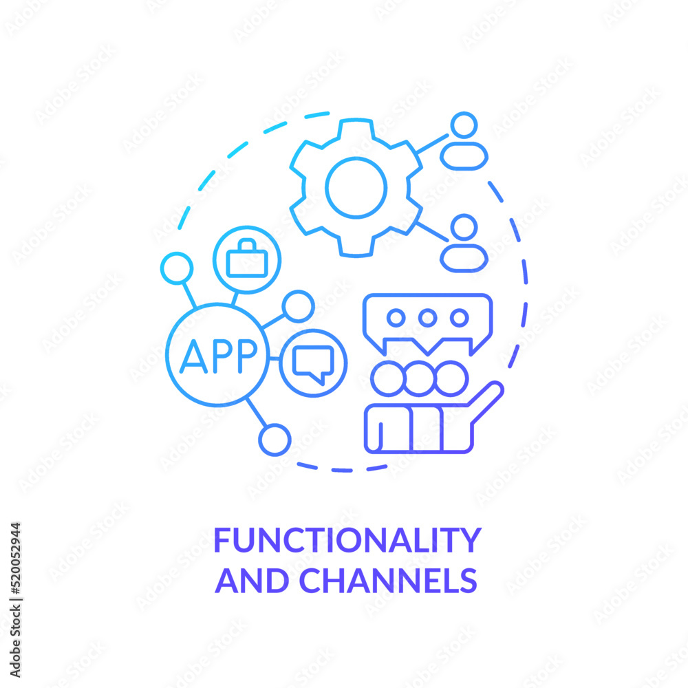 Functionality and channels blue gradient concept icon. Customer engagement platform feature abstract idea thin line illustration. Isolated outline drawing. Myriad Pro-Bold fonts used