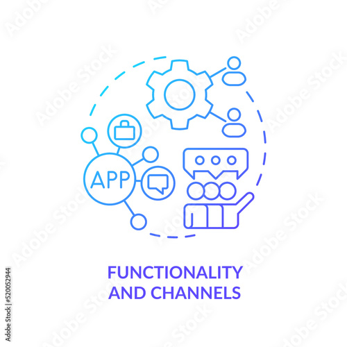 Functionality and channels blue gradient concept icon. Customer engagement platform feature abstract idea thin line illustration. Isolated outline drawing. Myriad Pro-Bold fonts used