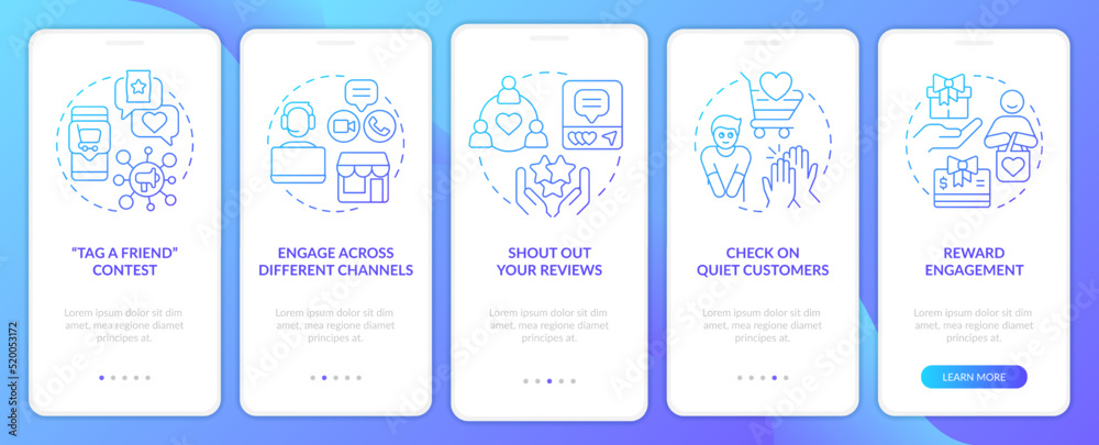Customer engagement strategies blue gradient onboarding mobile app screen. Walkthrough 5 steps graphic instructions with linear concepts. UI, UX, GUI template. Myriad Pro-Bold, Regular fonts used