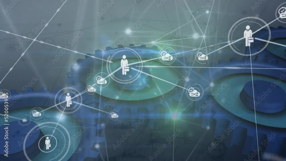 Animation of network of connections with icons and cogs over black background Animation of network of connections with icons and cogs over black background