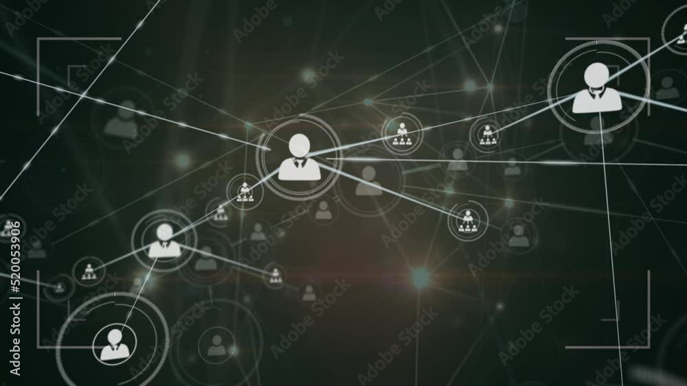 Animation of network of connections with icons and light trails over black background Animation of network of connections with icons and light trails over black background
