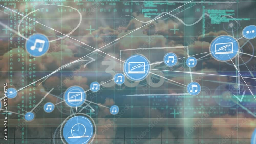 Animation of data processing and icons over clouds Animation of data processing and icons over clouds