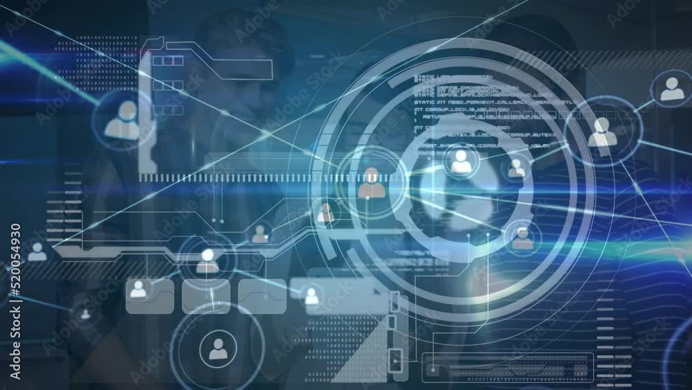 Animation of data processing over caucasian business people in office Animation of data processing over caucasian business people in office