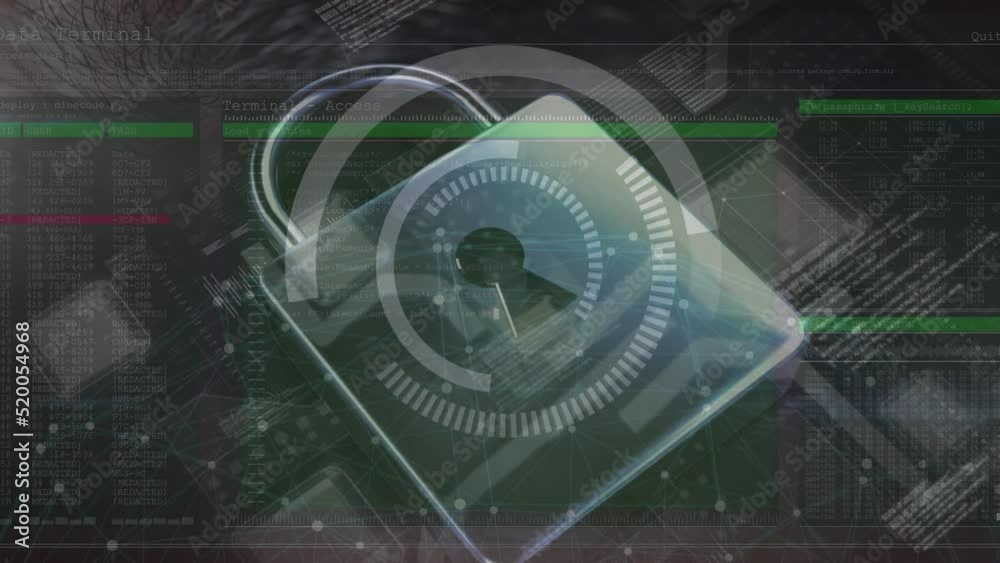 Animation of data processing and padlock over black background Animation of data processing and padlock over black background