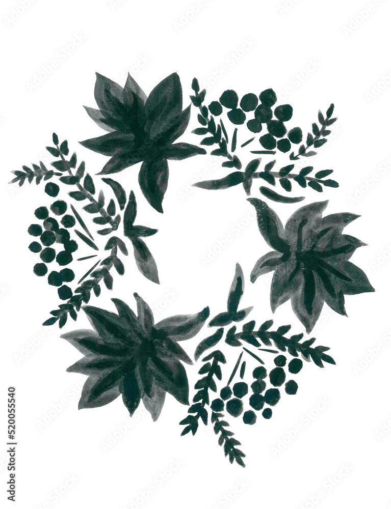 Stylized isolated watercolor wreath with maple leaves and rowan bunches in grayscale. Cute stylish poster for the cozy fall harvest festival. A traditional symbol of autumn to create a holiday vibe.