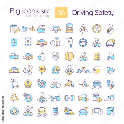 Driving safety RGB color icons set. Road rules and regulation. Accident prevention. Isolated vector illustrations. Simple filled line drawings collection. Editable stroke. Quicksand-Light font used