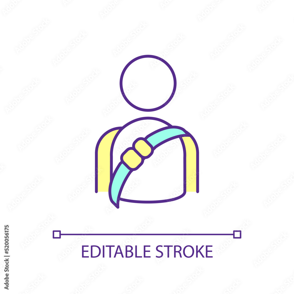 Fasten seat belt RGB color icon. Safety harness. Driving security. Injury prevention. Vehicle device. Isolated vector illustration. Simple filled line drawing. Editable stroke. Arial font used Fasten seat belt RGB color icon. Safety harness. Driving security. Injury prevention. Vehicle device. Isolated vector illustration. Simple filled line drawing. Editable stroke. Arial font used