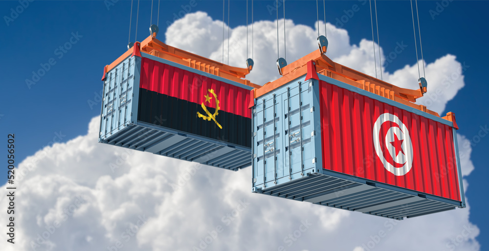 Cargo containers with Angola and Tunisia national flags. 3D Rendering