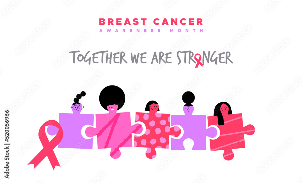 Breast Cancer Awareness month diverse women together puzzle illustration