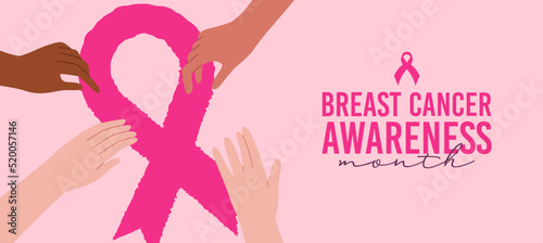 Breast Cancer Awareness month diverse hand female and pink ribbon symbol card