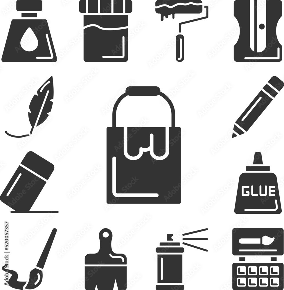 Bucket, paint icon in a collection with other items Bucket, paint icon in a collection with other items
