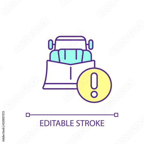 Snow plough RGB color icon. Cleaning snow truck. Extreme weather condition. Snowplow service. Isolated vector illustration. Simple filled line drawing. Editable stroke. Arial font used
