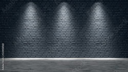 Fototapeta Naklejka Na Ścianę i Meble -  Black brick wall illuminated with lights. 3d rendering