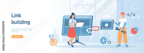 Link Building Strategy, Website marketing. Search engine optimization, SEO. Hyperlink connection between website pages. Flat concept great for social media promotional material. Website banner