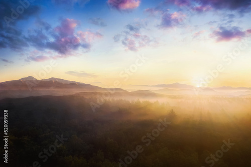 Beautiful mountain landscape at dawn with morning fog in valley, dramatic sky, misty forest and mountain peaks. Nature. Travel and tourism.