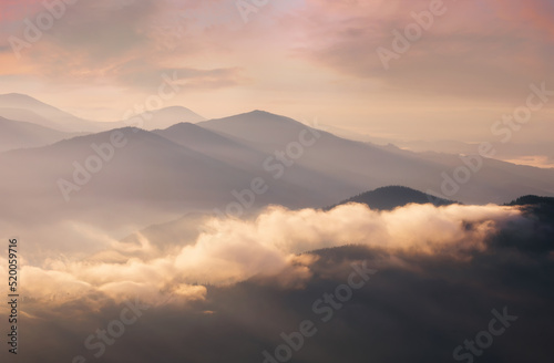 Mountains in low dense fog at morning sunrise. Beautiful landscape with mountain peaks in fog. Mountain valley in clouds.