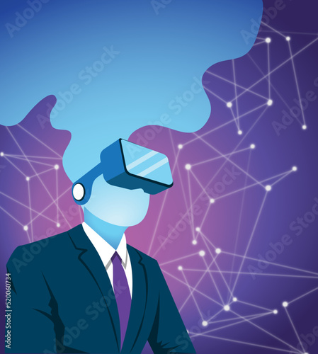 Illustration of man wearing virtual reality glasses, VR Glasses. Virtual reality concept. Oculus VR. Metaverse