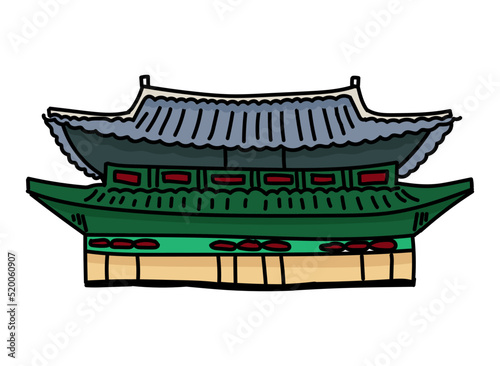 Traditional Korean temple design element collection. Colored religious building with shadows.
