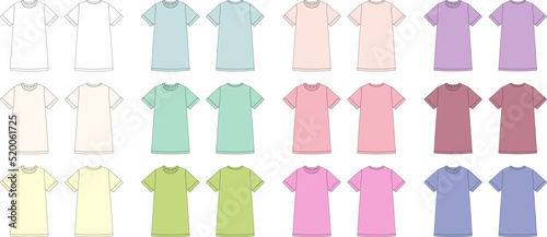 Set of t shirt dress in diffirent color. Chemise technical sketch collection. Nightdress for woman bundle.