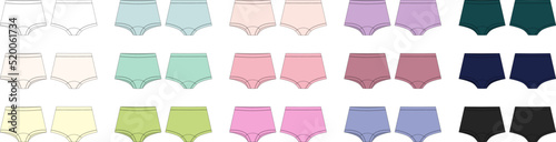 Set of girls knickers technical sketch illustration. Children's underpants collection.