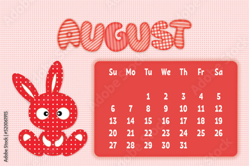 August 2023 Page for kids calendar in funny textile style with cartoon rabbit. Children's horizontal wall calendar template