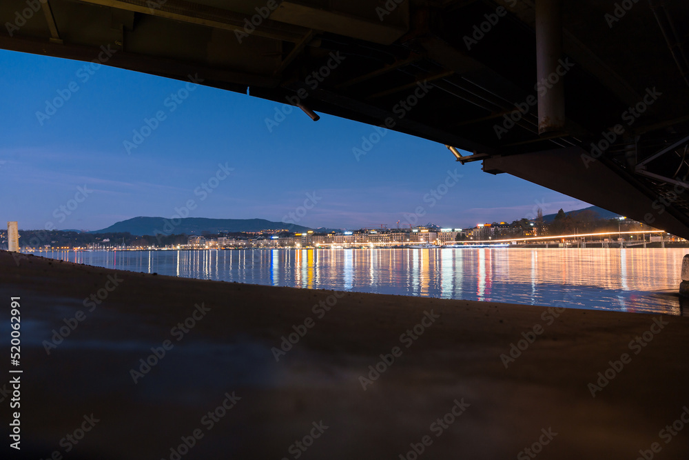 View of the evening embankment of Geneva on Lake leman