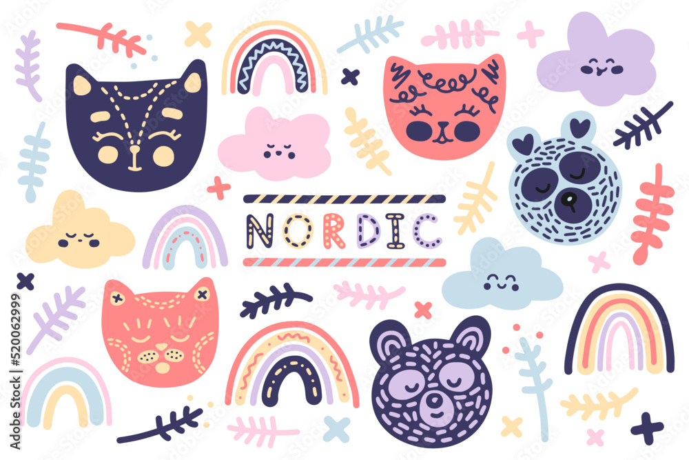 Set of cute scandinavian style vector icons isolated on white background. Delicate pastel teddy bears, kittens, rainbows and twigs for kids, toddlers, prints, posters, textiles, decor, cards, wrappers