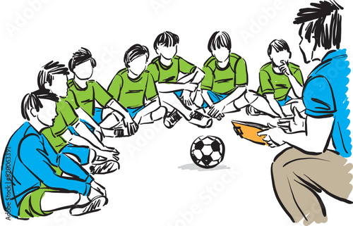 coach man talking to soccer team teaching learning how to play soccer game sport vector illustration