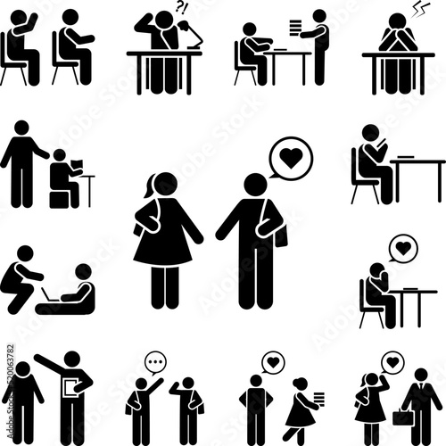 In love, man, woman, student icon in a collection with other items