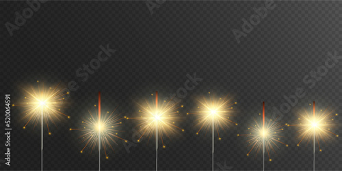 Magical light. Sparkler. Candle sparkling on the background. Realistic vector light effect. Winter, seasonal christmas decoration illustration.