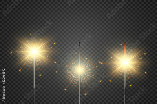 Magical light. Sparkler. Candle sparkling on the background. Realistic vector light effect. Winter, seasonal christmas decoration illustration.