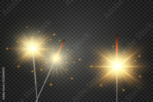 Magical light. Sparkler. Candle sparkling on the background. Realistic vector light effect. Winter, seasonal christmas decoration illustration.