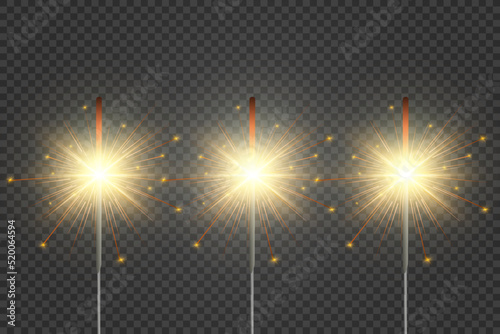 Magical light. Sparkler. Candle sparkling on the background. Realistic vector light effect. Winter, seasonal christmas decoration illustration.