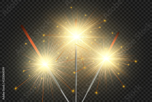 Magical light. Sparkler. Candle sparkling on the background. Realistic vector light effect. Winter, seasonal christmas decoration illustration.
