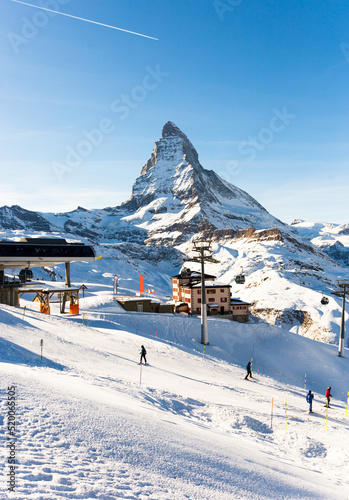 Snowy mountain Matterhorn during the day in winter. Zermatt, swiss alps