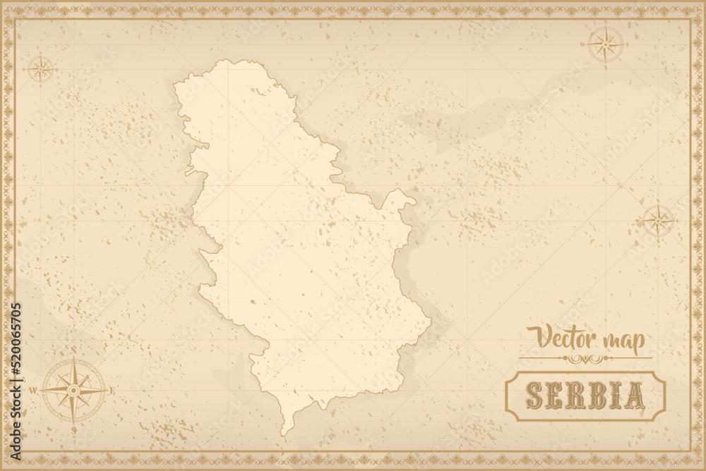 Map of Serbia in the old style, brown graphics in retro fantasy style