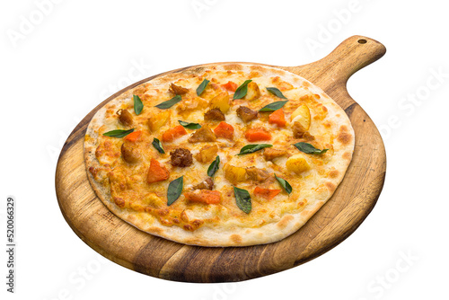 Curry rendang lion mane pizza isolated on wooden cutting board on plain white background side view of fastfood