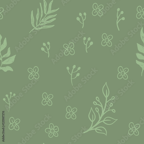 Fototapeta Naklejka Na Ścianę i Meble -  Leaves and flowers seamless pattern. Doodle nature elements background texture. Botanical design.