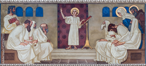 Fotografie, Obraz ZURICH, SWITZERLAND - JULY 1, 2022: The fresco of Twelve old Jesus in the Temple in the church Pfarrkirche Liebfrauen by Fritz Kunz (1906)
